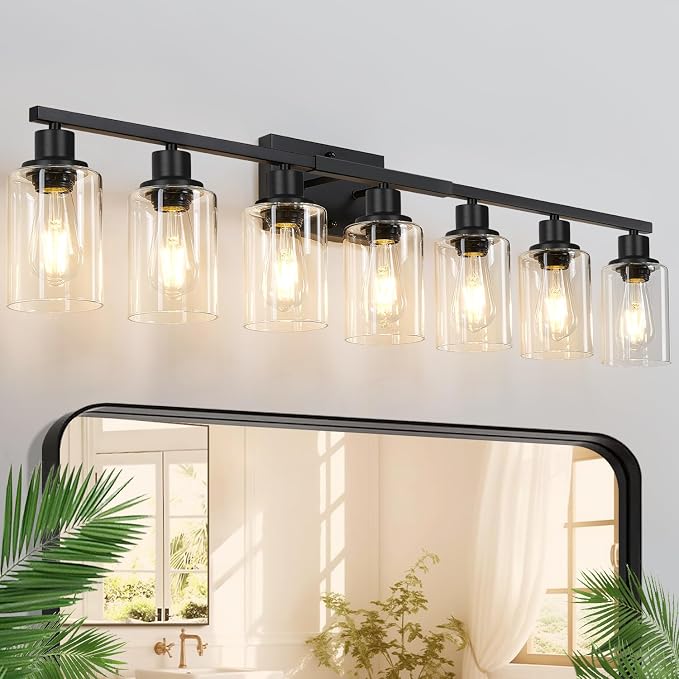 Indoi 7-Light Bathroom Light Fixtures, Matte Black Modern Vanity Lights with Clear Glass Shades, Bathroom Wall Lamp for Mirror Living Room Cabinet Bedroom Porch