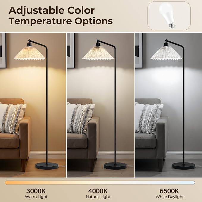 Floor Lamps for Living Room & Bedroom, 63" Modern Tall Standing Lamp, 3CCT | Rustic Pole Lamps for Home Office, Classroom, Bedside, Pleated Lampshade, Foot Switch, Easy Assembly (Bulb Included)