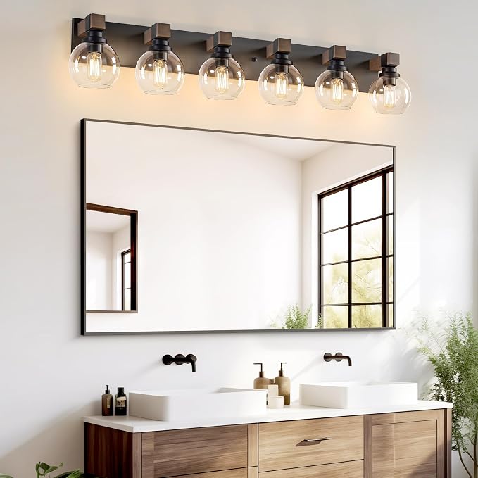 LmnLvn Bathroom Light Fixtures, Farmhouse Wood & Metal with Globe Glass | 6-Light Rustic Vanity Lights,Easy To Install, Mounted Over Mirror for Bathroom, Bedroom & Hallway