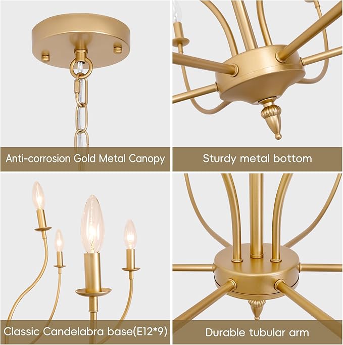 Gold Chandelier, 9-Light Gold Farmhouse Chandelier, 2-Tier Candle Modern Farmhouse Chandeliers for Dining Room Living Room Bedroom Foyer