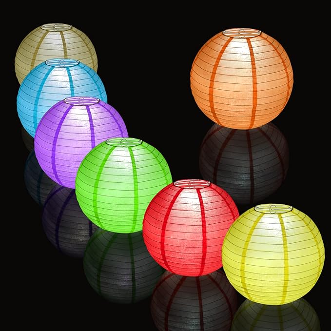 12pcs Orange Paper Lanterns with 12pcs White LED Lights, 6" 8" 10" 12" Round Hanging Chinese/Japanese Ball Lantern for Wedding Anniversary Birthday Party Decorations