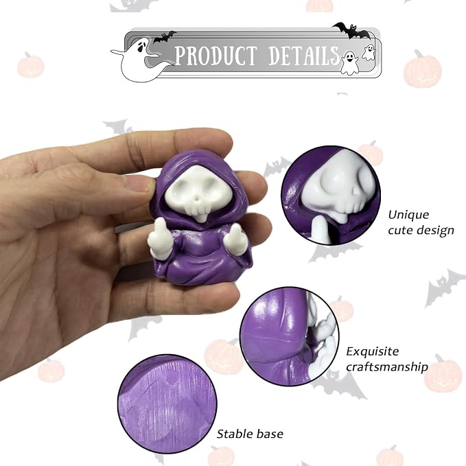 Halloween Skull Figurine Spooky & Cute Ghost Statue Halloween Ghost Statues, Cute Mini Middle Finger Skeleton Sculpture for Holiday Desk Office Table Ornaments Decoration