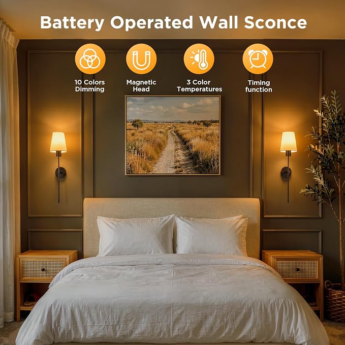 Brightown Battery Operated Wall Sconces Set of 2,Black Sconces Wall Decor | RGBWW Rechargeable Wall Lights with Dimmable Magnetic Bulbs & Remote, Wireless Wall Lamp for Living Room Bedroom Hallway
