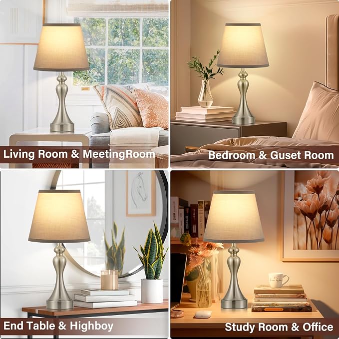 Touch Lamps for Nightstand, 3 Way Dimmable Bedside Lamps with USB C+A Ports | Touch Control, LED Bulb Included, Small Silver Table Lamp for Bedroom, Night Stands, End Table, Gift，Corded，Grey Shade