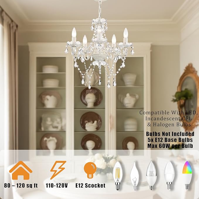 Small White 5-Light Crystal Chandelier, Modern Glass Chandelier Lighting Fixture, Small Chandelier for Bedroom, Dining Room, Living Room, Kitchen, Foyer, Girls Room Ceiling Light
