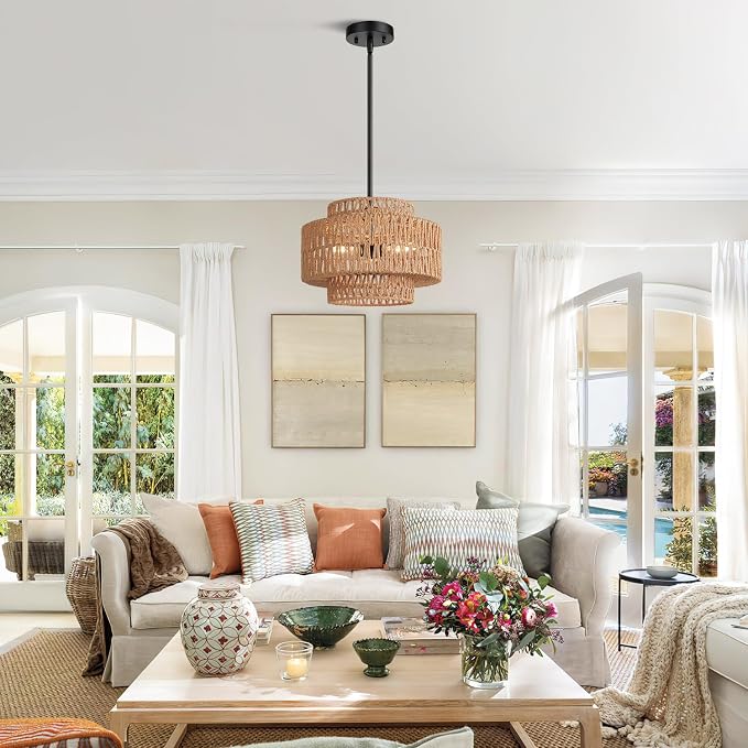 6"-41" Height Adjustable Farmhouse Chandelier Light Fixture, 3-Light Rattan Boho Chandeliers for Dining Room, Hand Woven Pendant Light with Linen Shade, Rustic Hanging Lighting for Kitchen Island