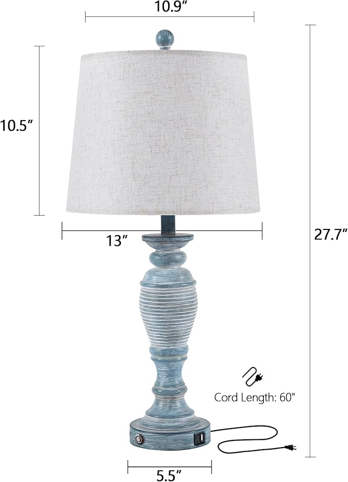 Farmhouse Table Lamps for Living Room, Touch Control, Set of 2 | 27.7" Table Lamps for Bedroom, Nightstands, Hallways, Bedside, 3 Way Dimmable Touch Contorl, USB A+C Ports, Bulbs Included