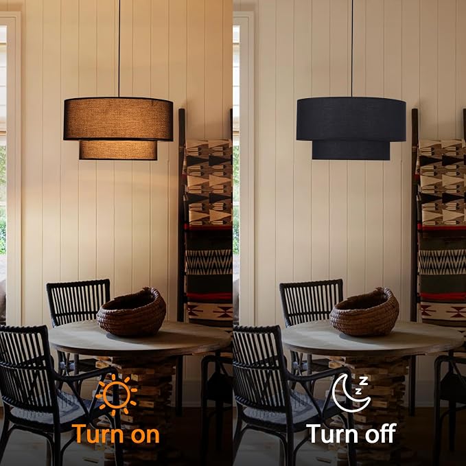 Black Drum Pendant Light Fixtures, 18” Double Drum Chandelier with Fabric Lampshade E26 Base, 3 Light Dining Room Light Fixture, 2-Tier Chandelier for Bedroom and Kitchen(Bulb not Included)
