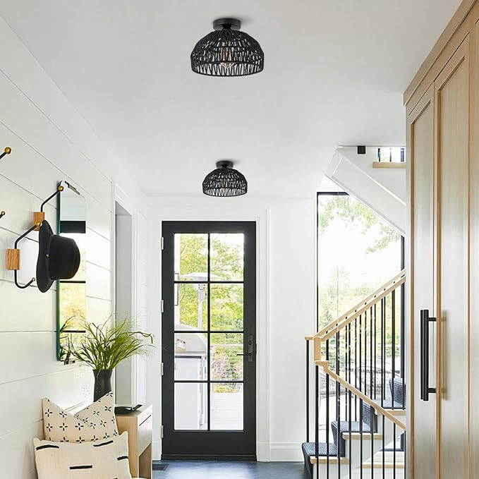 2 Packs Black Boho Light,Rattan Ceiling Lighting Fixtures Small Boho Lamp Shade Flush Mount Ceiling Light Hand Woven Chandelier for Entryway Bedroom Kitchen Nursery Lights