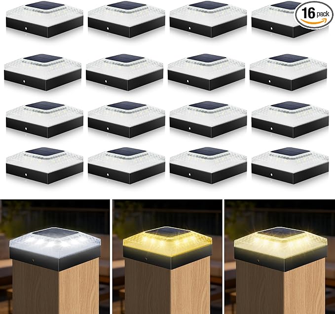 4x4 Solar Post Cap Lights 16 Pack | Auto On/Off,12-20H Runtime,3 Color Modes,2 Brightness,IP67 Waterproof for Outdoor Garden Yard