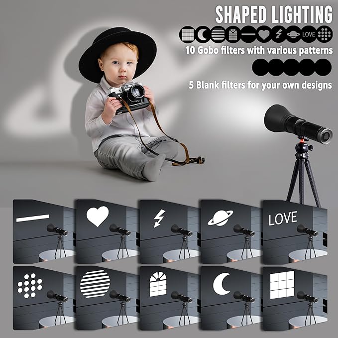 NiceVeedi 4-Color Handheld Photography Lighting Kit with 15 GOBO Filters & Tripod, 6000mAh Rechargeable Photography Flashlight with Diffusion, Zoomable Lighting for Video Recording/Sunset