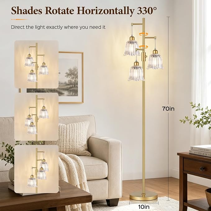 Dimmable Flower Floor Lamp, 3 x 900LM LED Bulbs Included, Modern | 70" Gold Tree Standing Lamp, 3 Lights Elegant Clear Glass Flower Shade, Vintage Floor Lamps for Living Room, Bedroom, Office