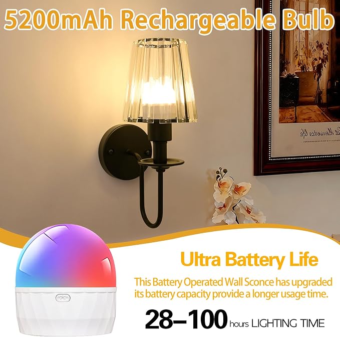 Battery Operated Wall Sconces Set of 2, Black Crystal Wall Lights | 5200mAh rechargeable wall lights with magnetic bulbs, remote control, 15 colors, 10-level dimming and timer for bedrooms