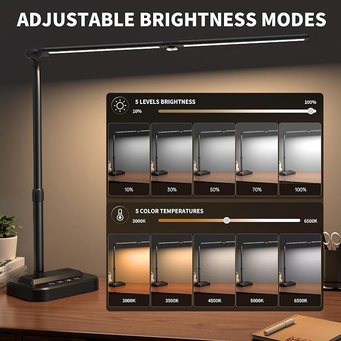 LED Desk Lamp, Ultra Wide Computer Light, Dimmable Desk Light with USB Fast Charging, Adjustable Foldable Eye Caring Office Desk Lamp for Monitor Work Gaming Home Study