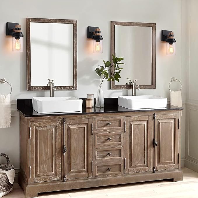 1-Light Farmhouse Hardwired Wall Sconces Bathroom Vanity Light Fixtures | Rustic Faux Wood Indoor Wall Mount Light with Clear Glass Shade for Living Room Bedroom Hallway Kitchen