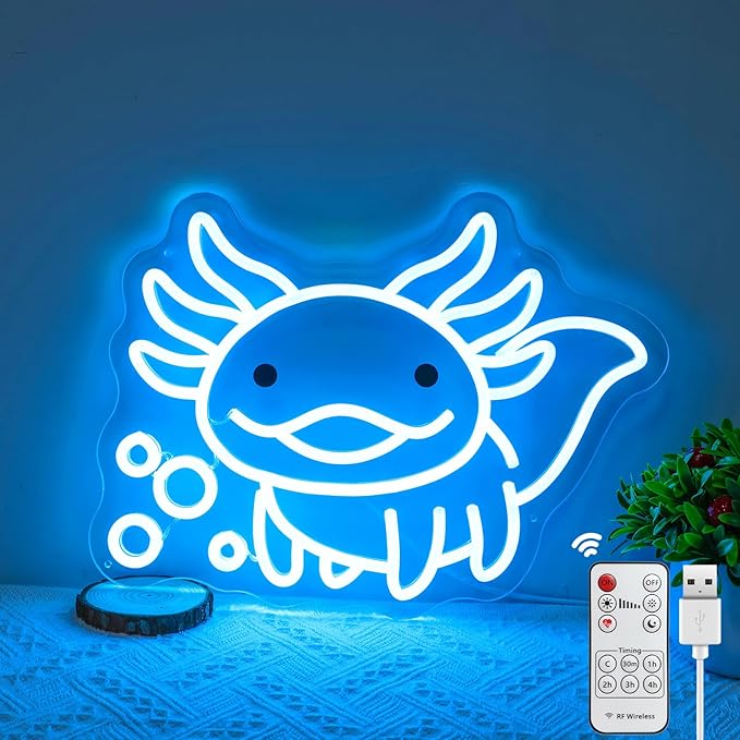 Axolotl Neon Sign for Bedroom Decor, Cute Axolotl LED Night Light | Kawaii Room Decor, Gamer Setup, Kids Bedroom, Game Room, Birthday Party, Cozy Ambience, USB Powered, Premium Finish, Ice Blue
