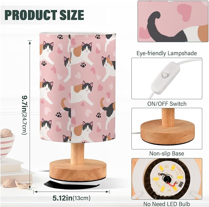 Cute Japanese Shorttail Cat and Paw Prints Hearts Bedside Table Lamps with USB Port for Bedroom Lamp Accent Table Lamp Small Nightstand Lamp Linen Shade Decorative Lamps for Kids|Reading|Dome|Home