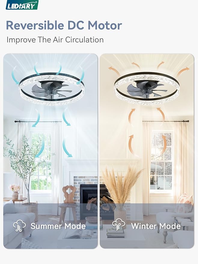 LEDIARY 20" Modern Ceiling Fans with Lights and Remote, Black Fandelier | Dimmable Low Profile, Flush Mount Ceiling Fan, Stepless Color Temperature Change, 6 Speeds, Bedroom, Living Room, Kitchen