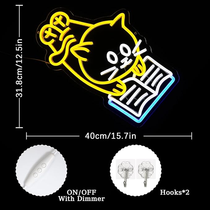 Cat Reading Book Neon Sign Reading Cat Neon Lights for Wall Decor Adorable Cat Neon Signs Dimmable Read Book LED Neon Sign for Classroom Library Children Studying Room Bedroom Decoration