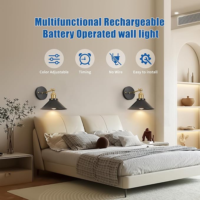 Black & Gold Vintage Rechargeable Battery Operated Wall Sconces, Cordless Battery Powered Led Wall Lights Set of 2, Wall Lamp Fixture Indoor with Remote Control for Bedroom Farmhouse Gallery