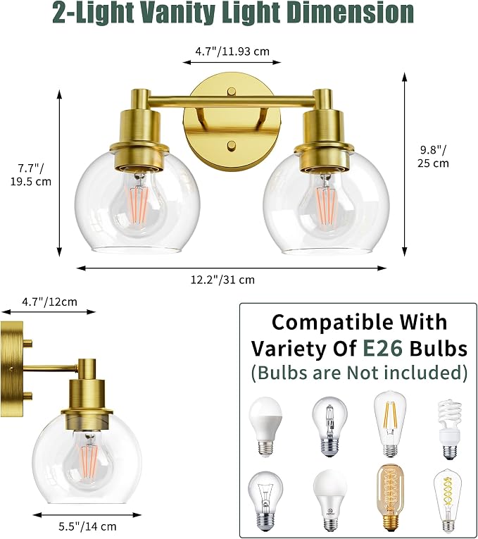 2 Light Bathroom Light Fixtures, Brushed Brass Bathroom Vanity Lights, Modern Vanity Lights 2-Light Globe Bathroom Vanity Lighting Fixture Over Mirror