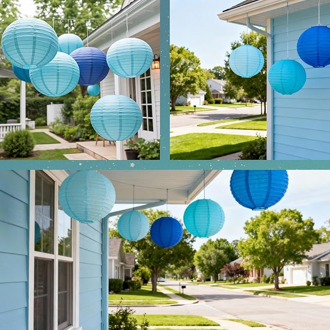 Chinese Paper Lanterns for Birthday Party Decorations – Hanging Rainbow Lanterns for Ceiling Decor, Classroom, Wedding, and Home Party – Pack of 18,Blue/Royal Blue(8/10/12-Inch)