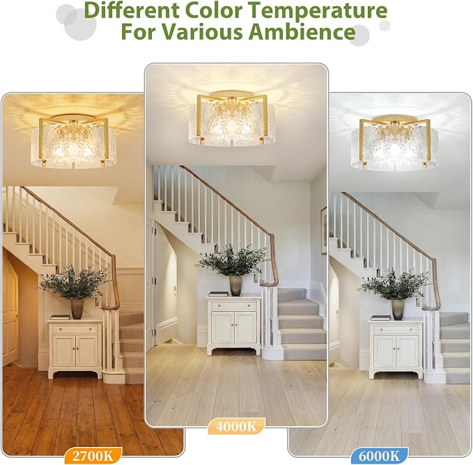 16'' Gold Semi Flush Mount Ceiling Light, 4-Light Glass Drum Light Fixtures | Modern Ceiling Lights for Hallway Entryway Bedroom Bathroom Kitchen Canteen Laundry Room Lighting Fixture Bulbs not Included