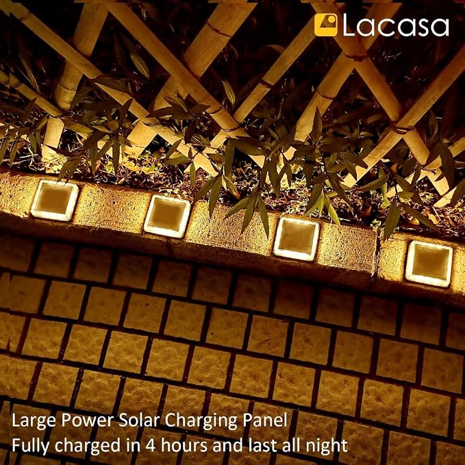 Lacasa Solar Deck Lights, 4 Pack Warm White Outdoor In-Ground Driveway Walkway Dock, IP68 Waterproof Solar Powered Stair Step Pathway Fence Auto On/Off LED for Garden Yard Patio