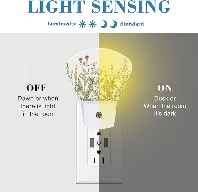 Vintage Wildflowers Plug in Night Lights, Colorful Herbs Nightlight Plug Into Wall Dusk to Dawn Sensor for Kid Girls Boys Women Men Bedroom, Hallway, Kitchen, Bathroom, Stairs Decor