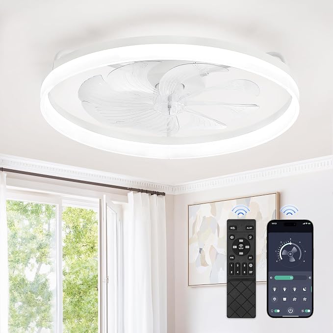 LEDIARY 23" Low Profile Ceiling Fans with Lights, APP & Remote, White | Flush Mount, Dimmable LED, Quiet DC Motor, Reversible, 6 Speeds, Fandelier, for Bedroom