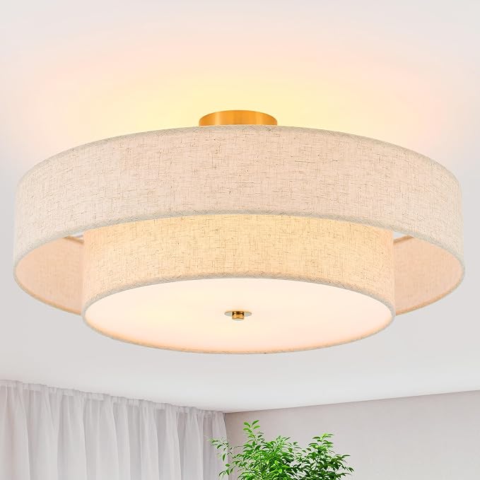 25.6" Large Gold Semi Flush Mount Ceiling Light，5-Light Linen Shade | Modern Fabric Drum Ceiling Light Fixture，E26 Base for Living Room ,Bedroom ,Kitchen ,Dining Room ,Hallway,closet,laundry room