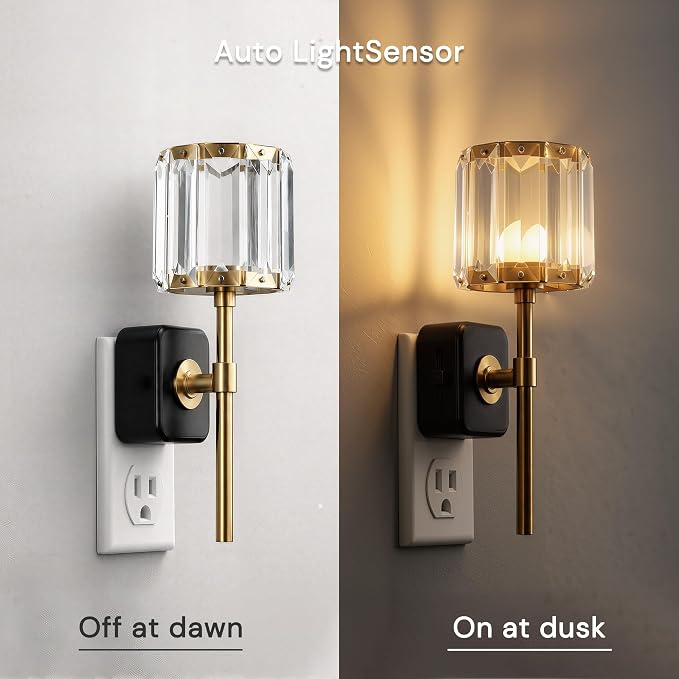 L LOHAS LED Night Lights Plug into Wall,Crystal Acrylic Cylinder Nightlight | 2 Pack Dusk to Dawn Sensor Night Light with 180° Rotating, Round Platform ,0-100LM Dimmable, for Bedroom Living Room Hallway