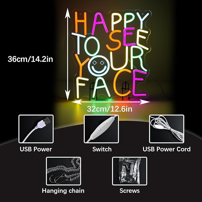 Happy to See Your Face Neon Sign for Kindergarten – Dimmable Multicolor Welcome Light with Wired Controller, 14.2×12.6 in, Includes 4 Wall Anchors – Teacher Appreciation Gift