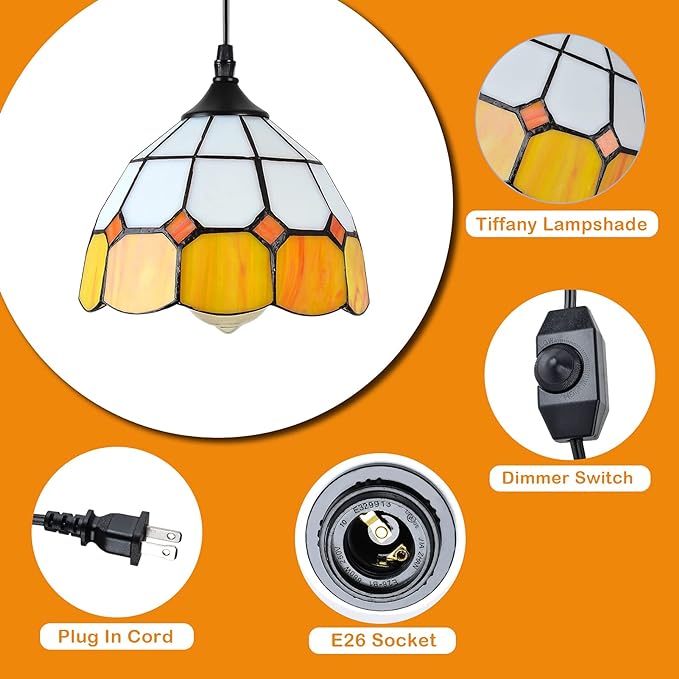 Tiffany Hanging Pendant Light - Dimmable Mini Plug in Light Fixture, Perfect Vintage Swag Ceiling Lamp for Dining Room, Bedroom or Porch,16.4 Ft Hanging Cord, 7.9" Width
