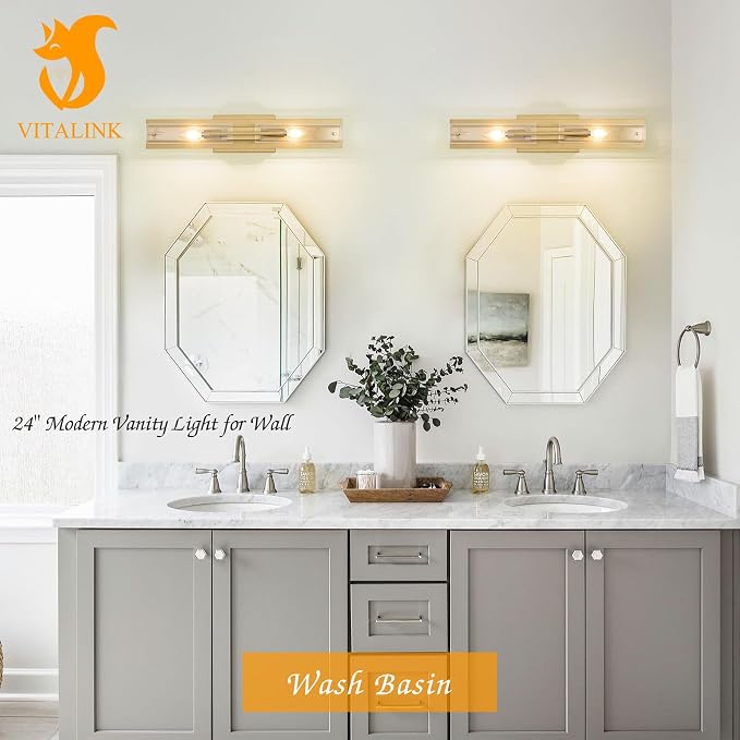 VitaLink Modern Bathroom Vanity Light Fixtures, 24-Inch Gold Modern Glass Bathroom Wall Lighting Fixtures Over Mirror Wall Mounting Lighting for Living Rooms Hallways Bedrooms
