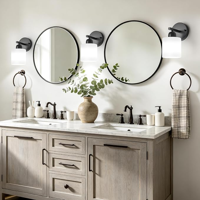 2PCS Light Black Bathroom Light Fixture, Modern Bathroom Lights with Milky White Frosted Glass Shades for Mirror Living Room Bedroom Hallway E26 Base