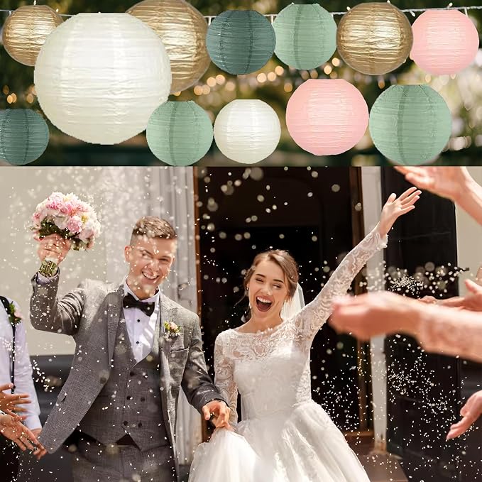 12Pcs Paper Lanterns 6”, 8”, 10”, 12”,Paperlanterns Party Decoration, Sage Green Gold Ivory Pink Paper Lanterns for Wedding, Bridal, Birthday, Outdoor, Home, Garden, Holiday and Party.