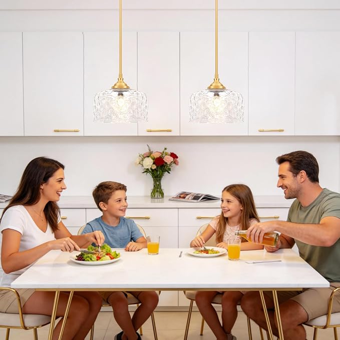 Modern Pendant Lights Kitchen Island, Brushed Gold Pendant Light Fixtures with 9.45" Clear Hammered Glass Shade, Industrial Hanging Pendant Lights for Kitchen Island Dining Room Bedroom Entryway