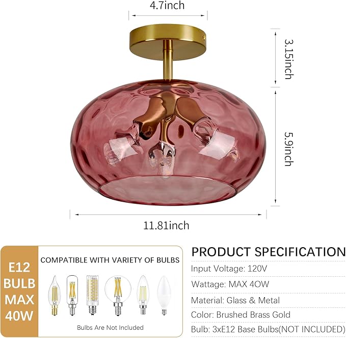 Vintage Semi Flush Mount Ceiling Light ,12″ Art Deco Red Hammered Glass | Gold,Mid Century,Whimsical,MCM,Unique Cute Retro Light Fixtures for Girls Bedroom,Entryway Laundry Room Kitchen Closet Foyer