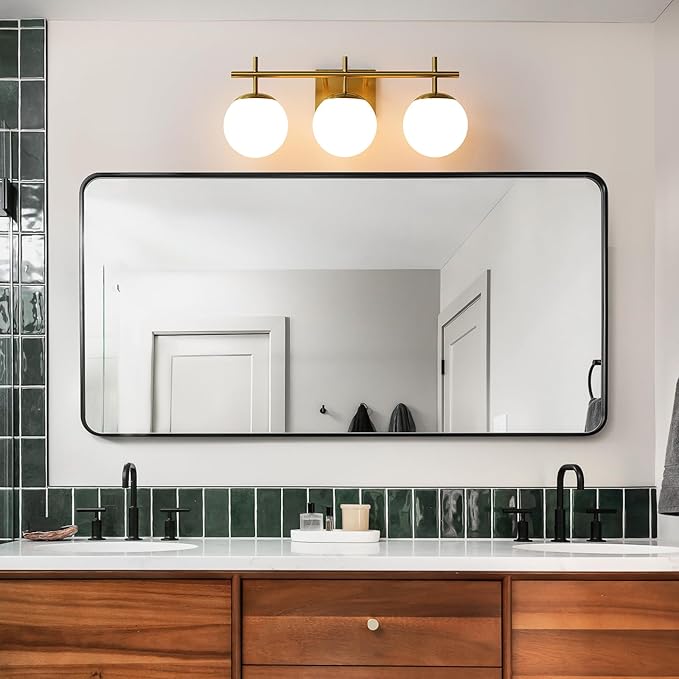 Gold Bathroom Light Fixtures, 3-Light Bathroom Vanity Light Over Mirror, Modern Vanity Lighting Fixtures with Milky White Globe Glass Shade, 22.4 inch Wall Sconce Light (Exclude E26 Bulb)
