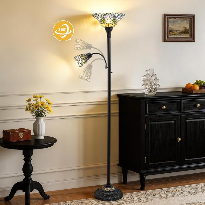 Luvkczc Tiffany-Style Floor Lamp, Stained Glass Lamp Victorian Style with Adjustable Gooseneck Reading Lamp – 70" Tall Torchiere Floor Lamps for Living Room