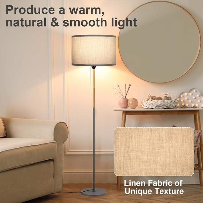 Modern Floor Lamp for Living Room Farmhouse Floor Lamps Pole with Linen Lamp Shade, Standing Tall Floor Lamps for Bedrooms and Office (Grey)