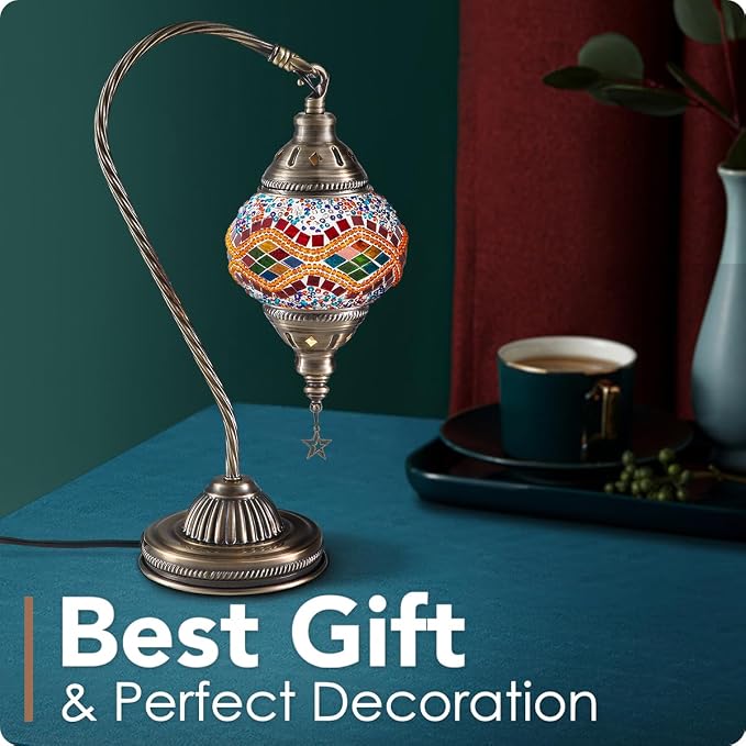 Yarra-Decor Turkish Moroccan Lamp with Bronze Base 3 Color Options Handmade Swan Neck Mosaic Glass Bedside Lamps for Bedroom (LED Bulb Included)(Orange2)