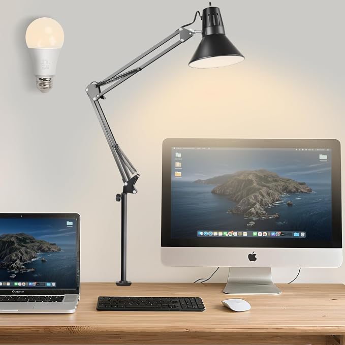 LED Clamp on Desk Lamp, 360°Adjustable Swing Arm Desk Lamp | Clamp Light with Eye-Caring LED Bulb for Home Office Reading Drafting