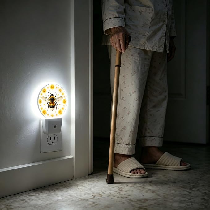 Nightlight Honey Bee Plug-in Night Lights Dusk to Dawn | Sweet Yellow Night Light LED Round Lamp with Auto on/off Sensor for Kitchen Hallway Bedroom Bathroom