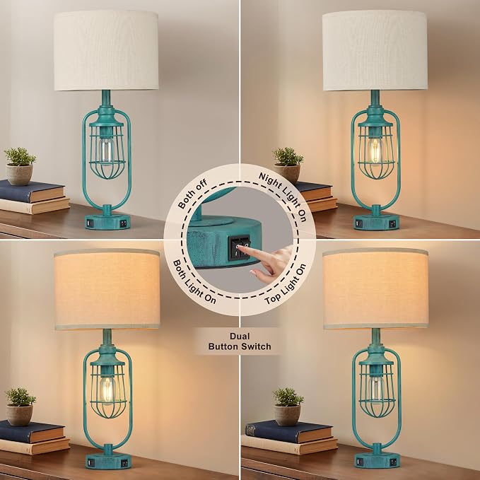 Table Lamps for Living Room End Table Set of 2, Farmhouse Lamps for Night Stands, Industrial Bedside Lamps for Bedroom with USB A+C, Bulbs Included