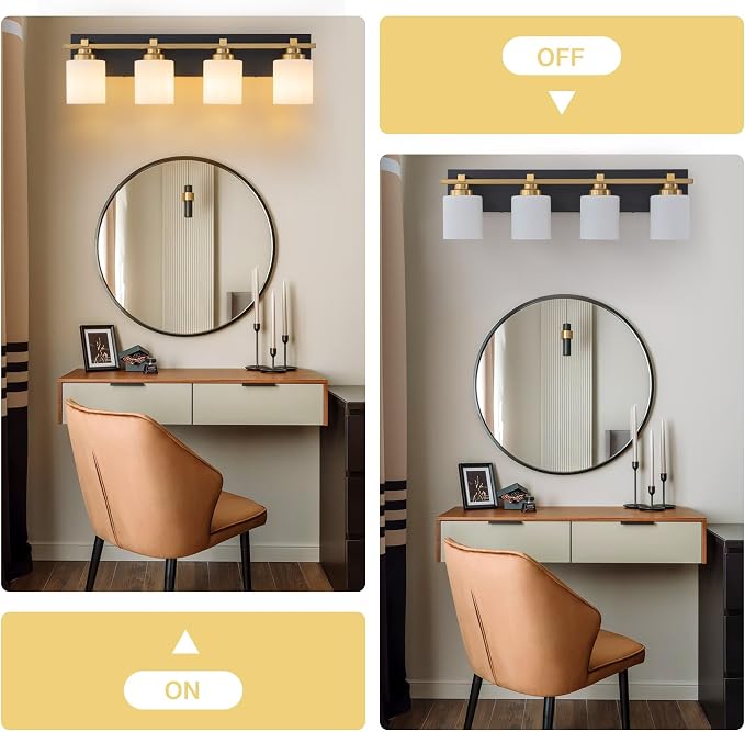 Modern Bathroom Light Fixtures Over Mirror, Vanity Lights for Bathroom Wall Sconces with Milky White Glass Shades, E26 Socket (Bulbs Not Included), 4 Light, Black Gold