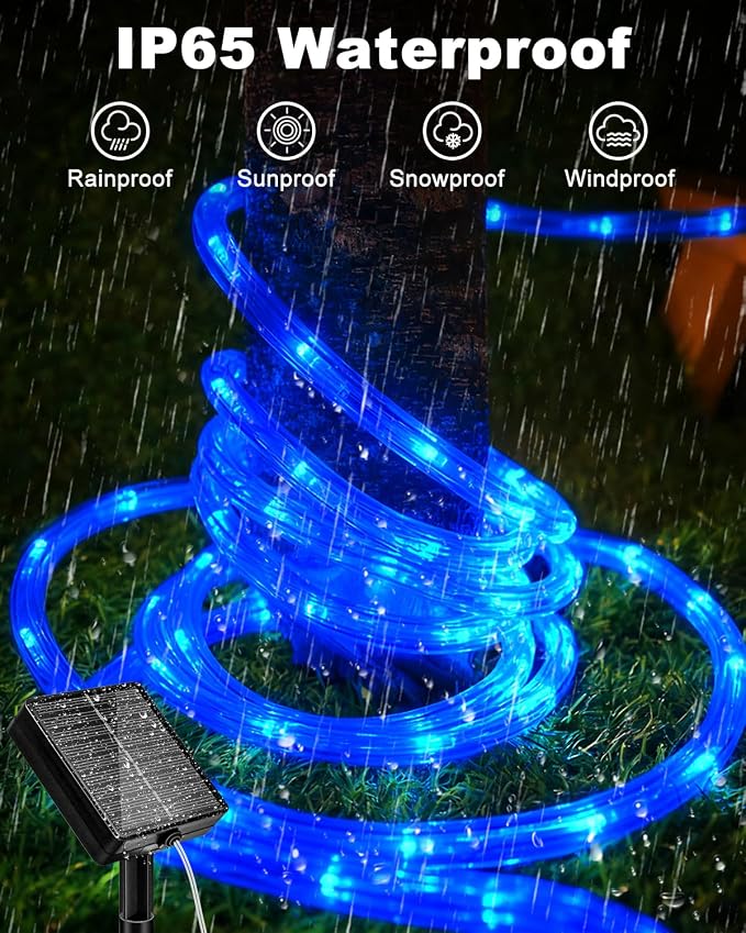 btfarm Solar Rope Lights, 120LED 46FT String Lights Outdoor Waterproof | 8 Modes, Timer & Memory Function, Tube Trampoline lighting for Outside Garden Tree Christmas Yard Patio Decor, Blue