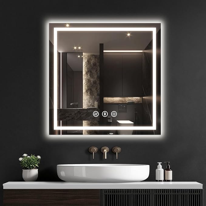30x30 LED Bathroom Mirror with Anti-Fog, Backlit & Front Lit, Memory | Stepless Dimmable 3 Color CRI 95+ Shatterproof Tempered Glass ETL Listed for Safety Lighted Bathroom Vanity Mirror for Wall