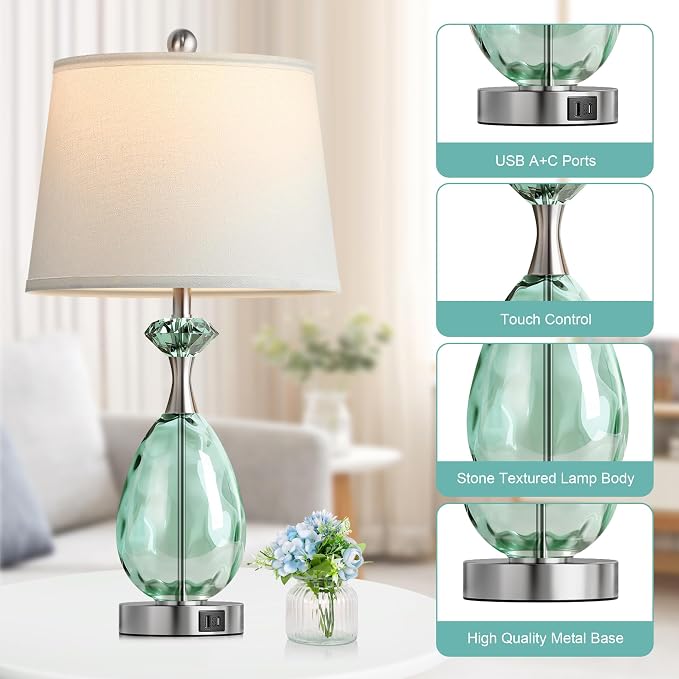 Hamucd Coastal Glass Table Lamps Set of 2, 3-Way Dimmable Touch Control Nautical Lamp with USB A+C Ports,Bedside Lamps Beach Decor, Modern Nightstand Lamps with 2 LED Bulbs for Bedroom Living Room